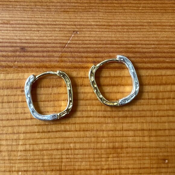 925 Sterling Silver Two Tone Earrings Gold & Silver Hoops Geometric Earrings - Picture 2 of 6